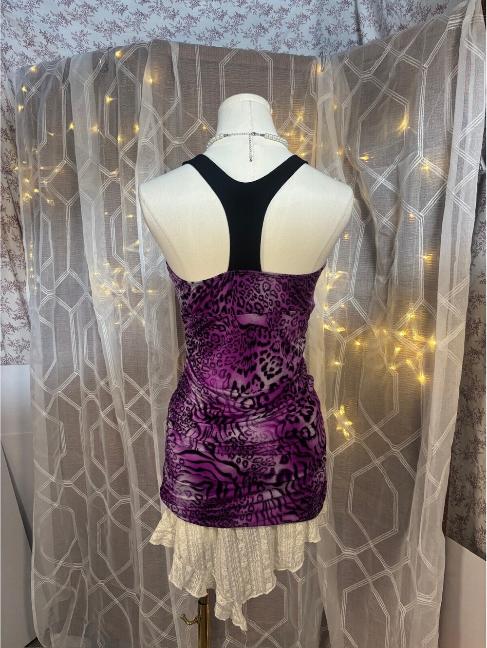 rue21 Purple Leopard Print Ruched Tank Top Y2K Bodycon Stretch Cami Medium Chic - Picture 3 of 8